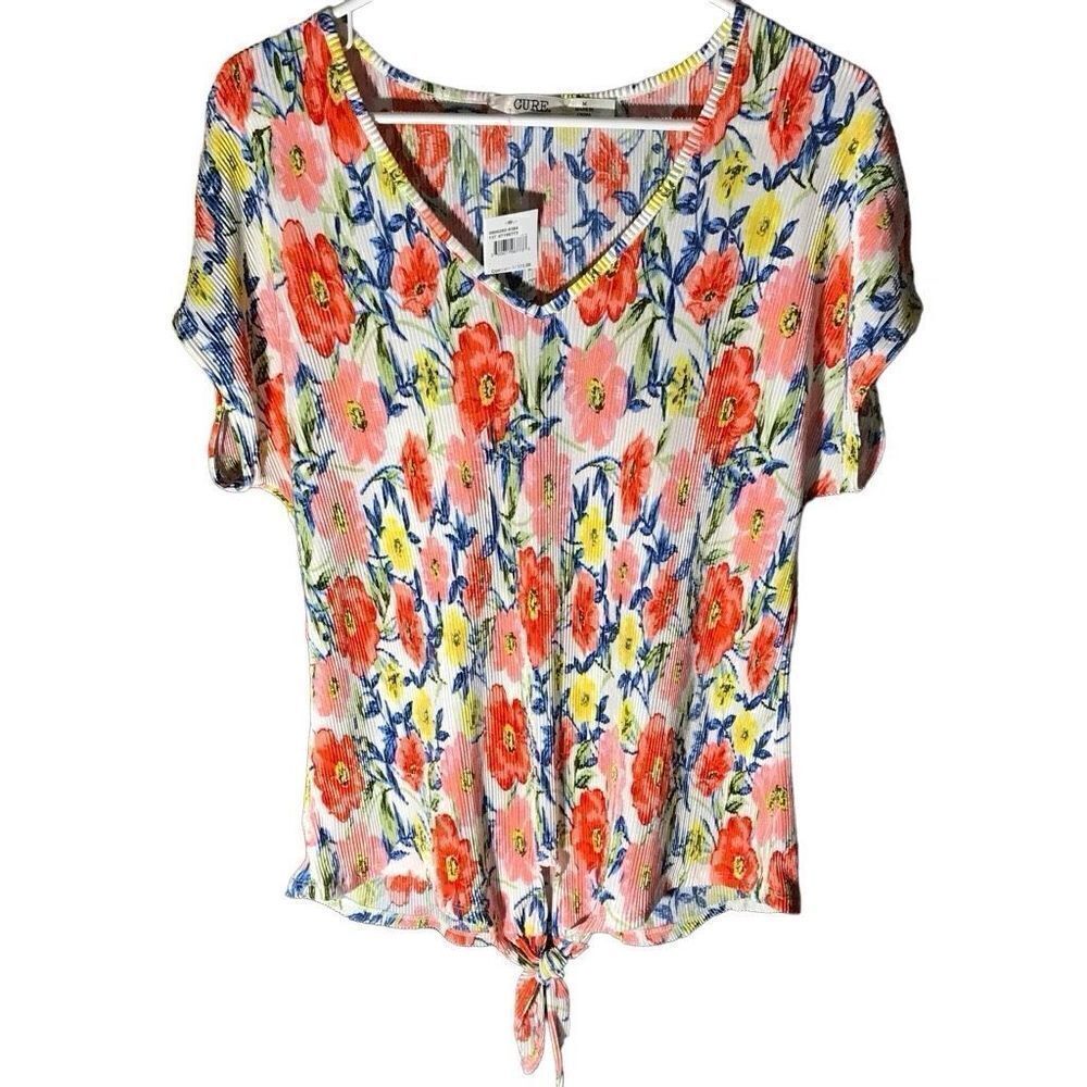 Cure SZ M top Floral pleated New with tags ties at bottom pleated